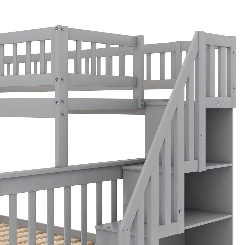 Gray Wood Twin over Full Bunk Bed with Stairs and Storage Shelf P126
