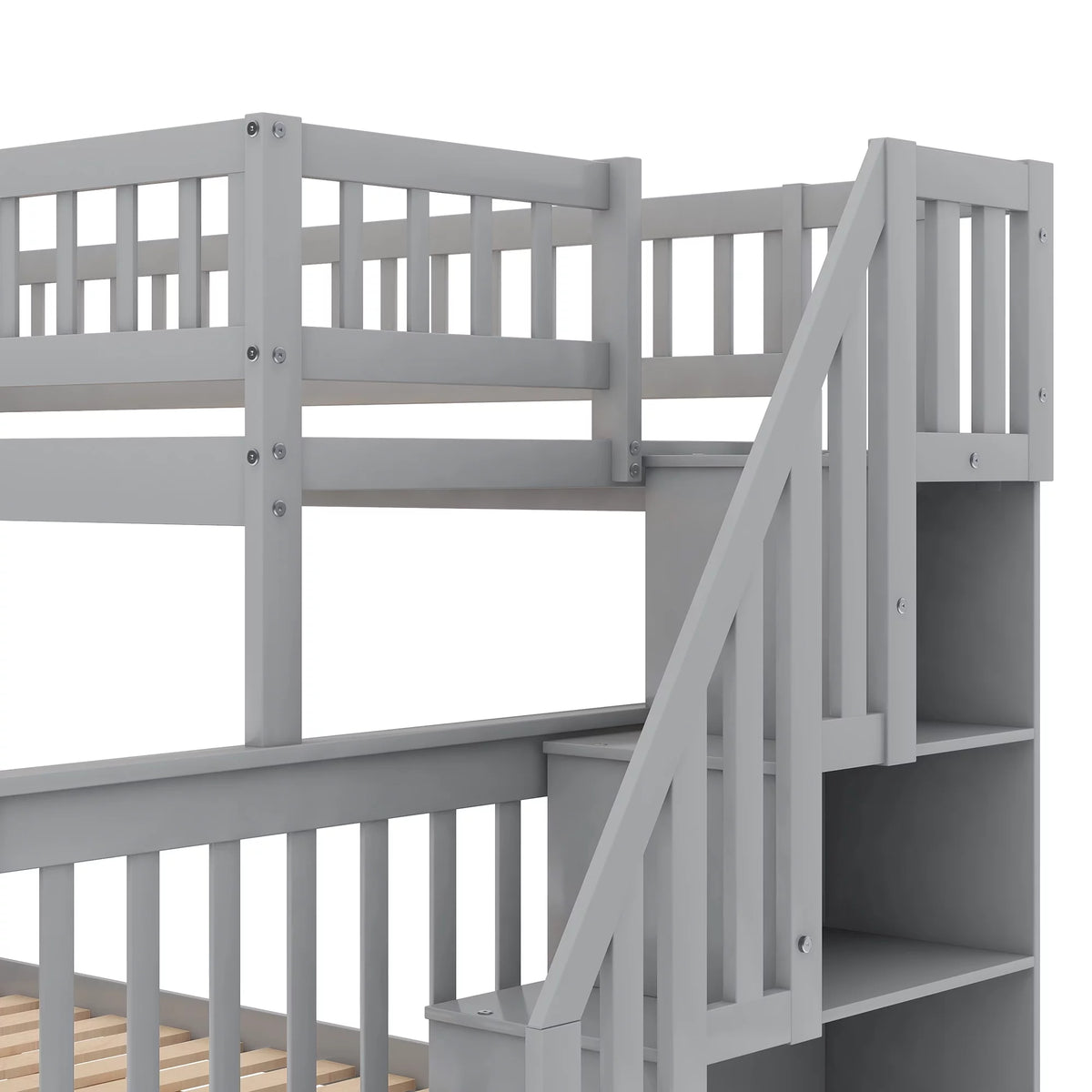 Gray Wood Twin over Full Bunk Bed with Stairs and Storage Shelf P126