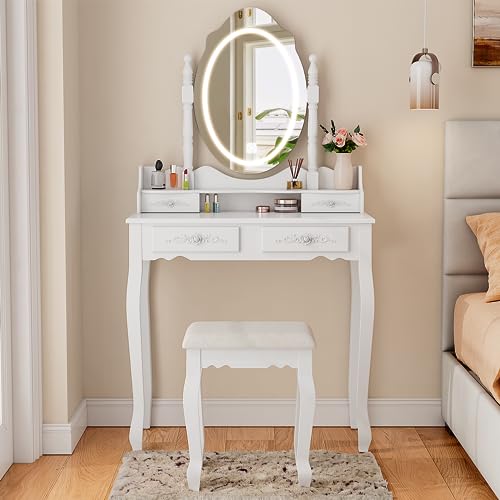 White Vanity Desk with Mirror and Lights, 4 Drawers and Cushioned Stool Set M3058