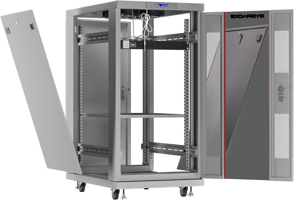 22U 35 Inch Deep Grey White Server Rack Cabinet Enclosure on Wheels V118436