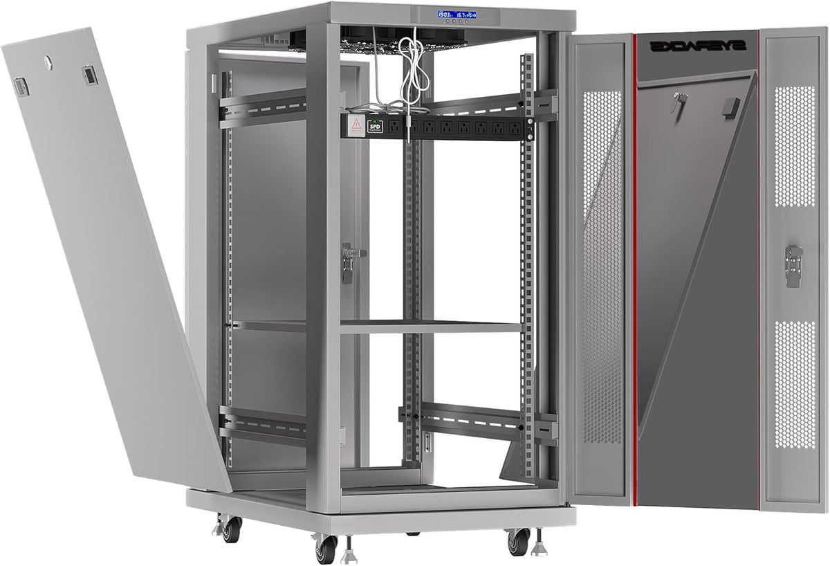 22U 35 Inch Deep Grey White Server Rack Cabinet Enclosure on Wheels V118436