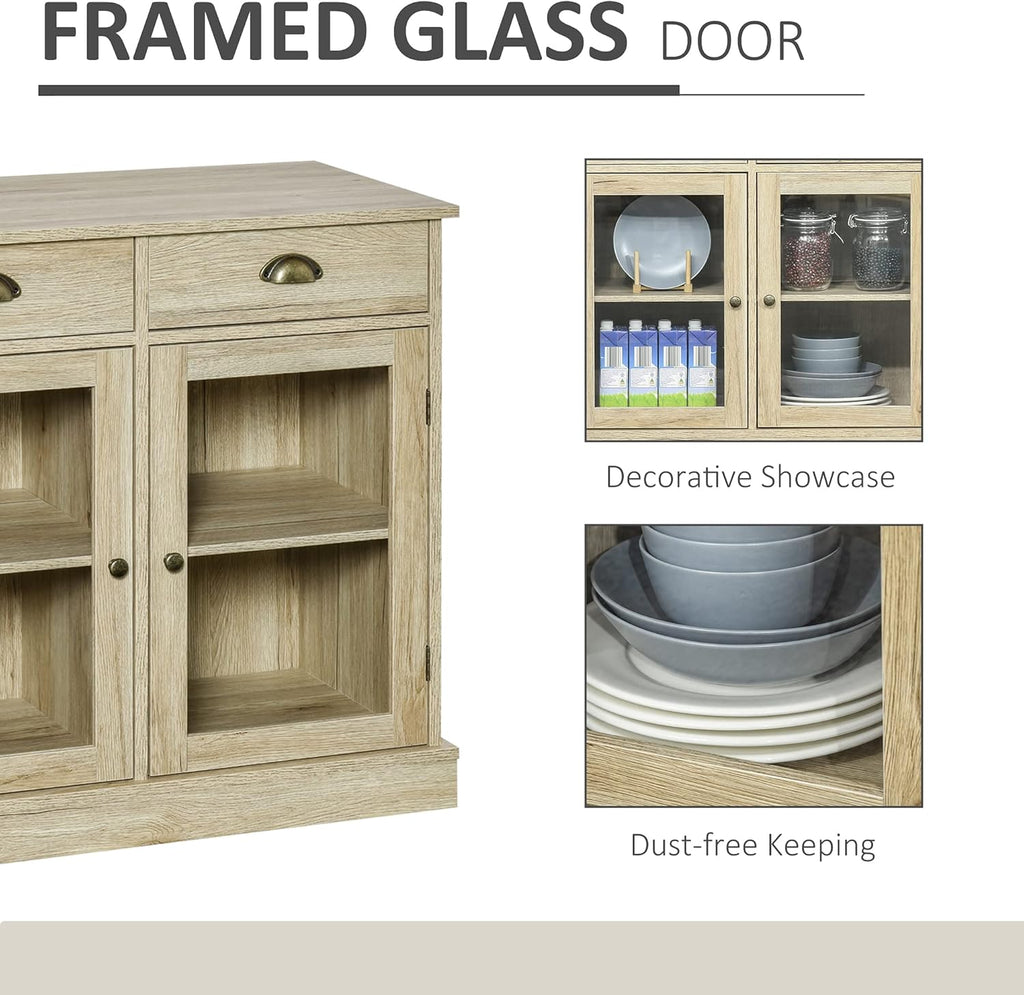 Oak Sideboard Storage Cabinet with 2 Glass Doors and 2 Drawers O234