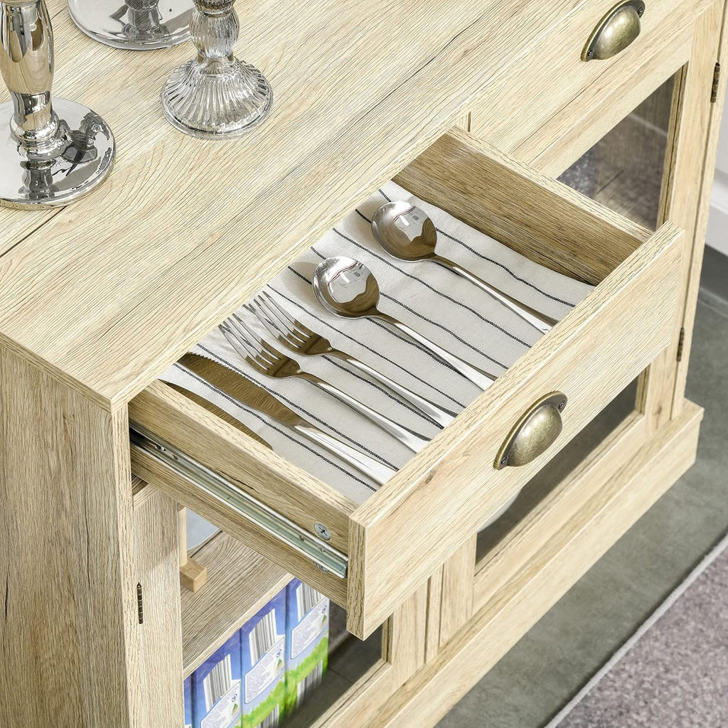 Oak Sideboard Storage Cabinet with 2 Glass Doors and 2 Drawers O234