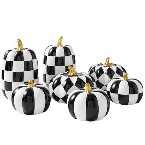 7Pcs Black and White Faux Checkered Pumpkins R10421