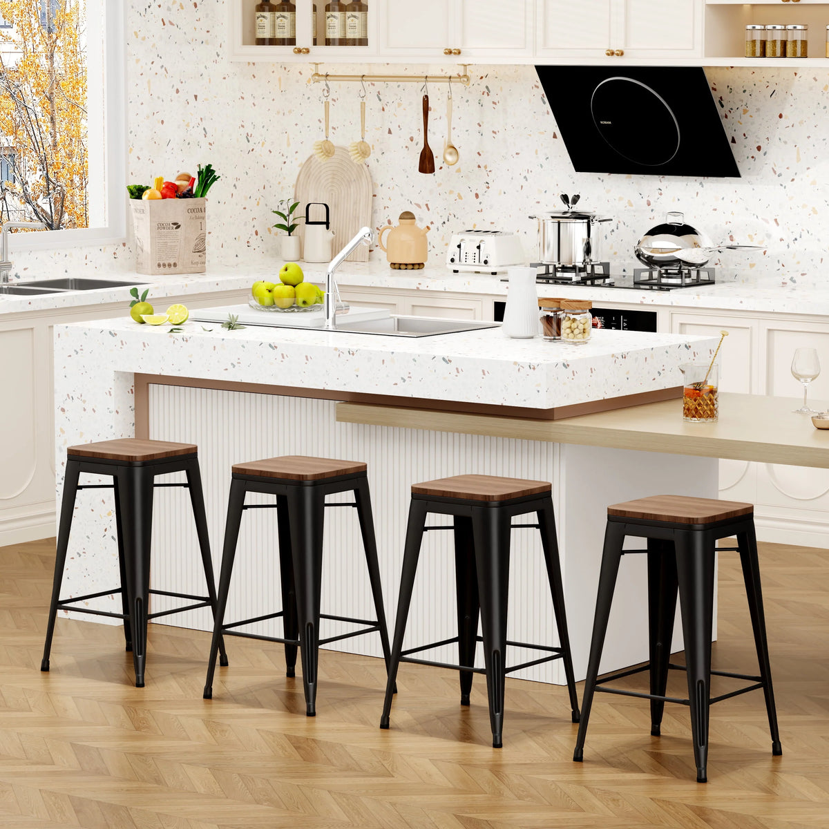 Set of 4 Metal Bar Stools Wood Seat Backless Q3484