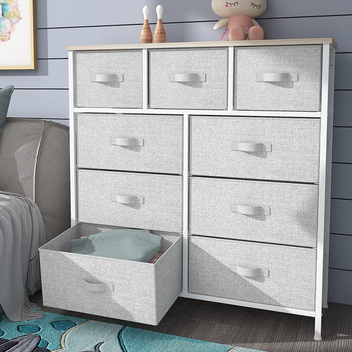 Light Gray 9 Drawer Dresser Storage Chest R9497
