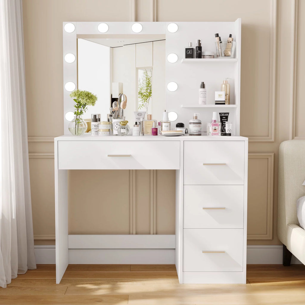 White Makeup Vanity Table with Lighted Mirror and 4 Drawers Y22904