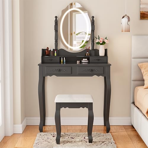 White Vanity Desk with Mirror and Lights, 4 Drawers and Cushioned Stool Set M3058