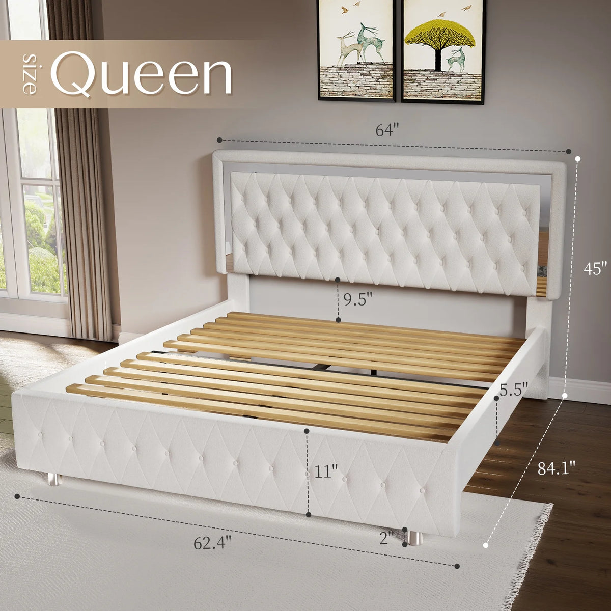 Queen Size Velvet Button Tufted LED Bed Frame K1250