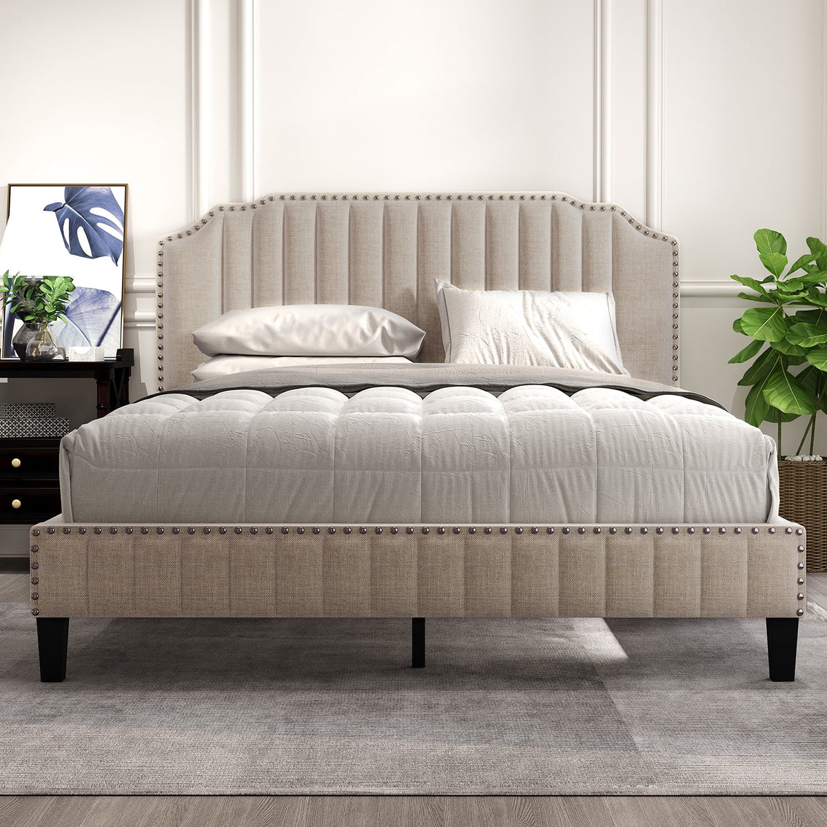 Beige Queen Size Linen Upholstered Platform Bed Frame with Wood Slats B794
