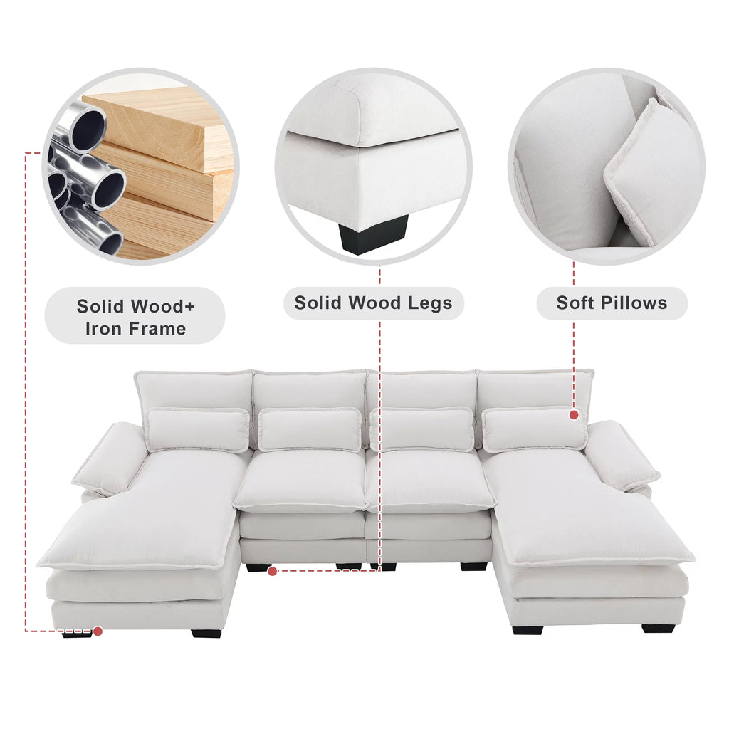 White Chenille U-shaped 6 Seat Sofa with Chaise Lounge B7737