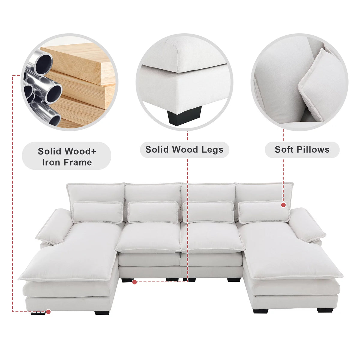 White Chenille U-shaped 6 Seat Sofa with Chaise Lounge B7737