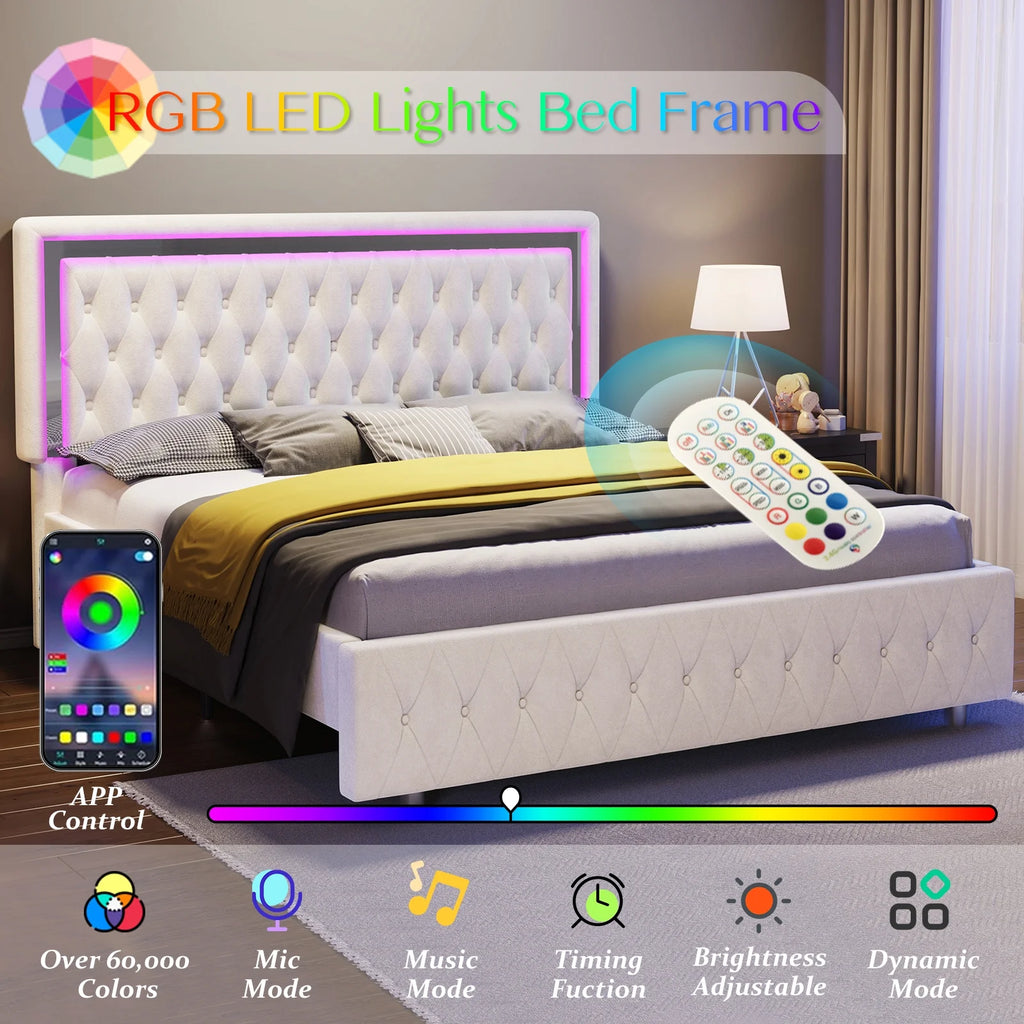 Queen Size Velvet Button Tufted LED Bed Frame K1250