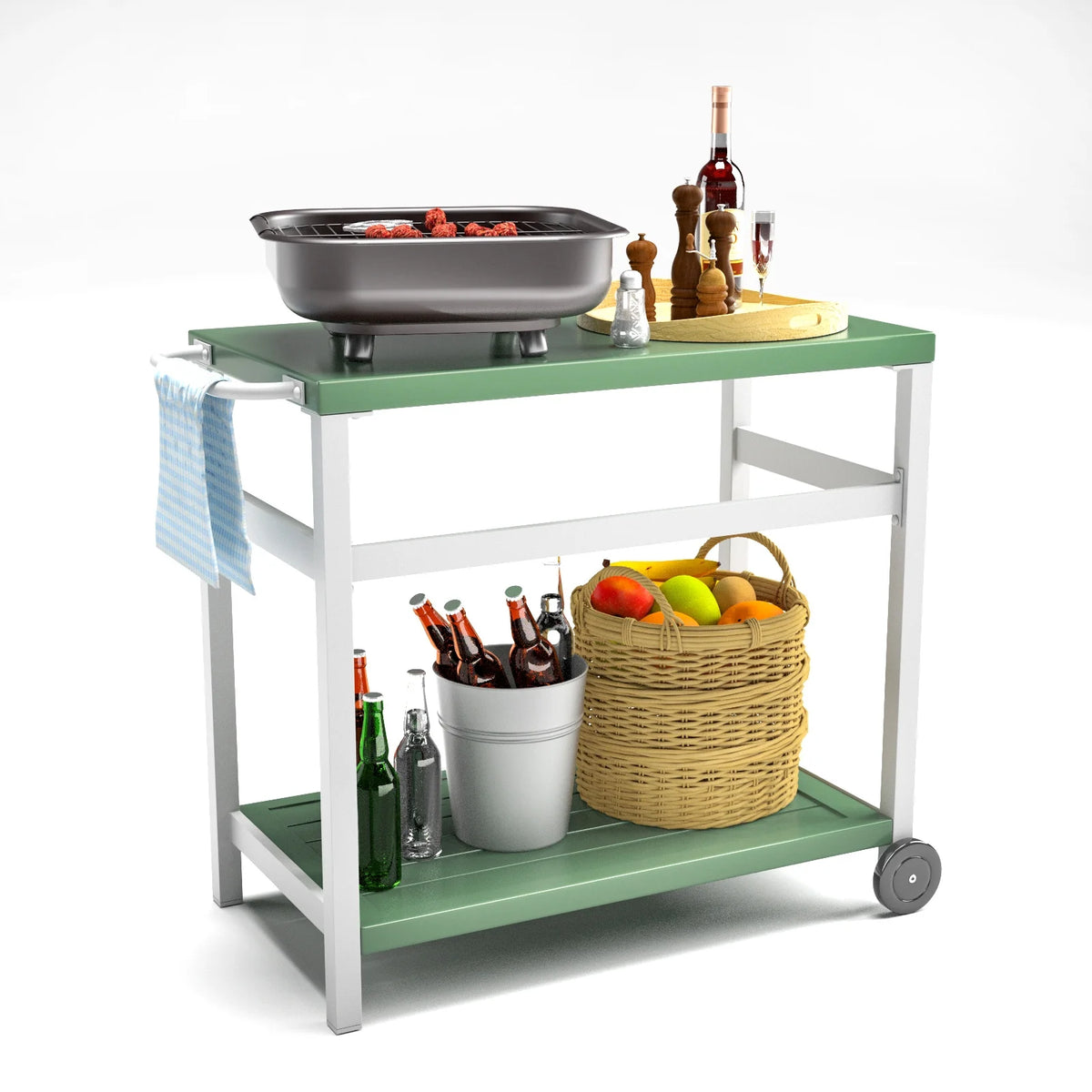 Outdoor Dining Cart Table Aluminum Grill Table with Wheels J409