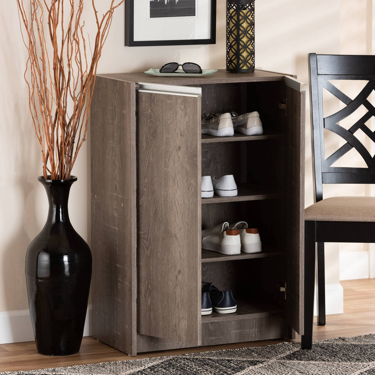 Weathered Oak Finished Wood 2-Door Shoe Cabinet E1709