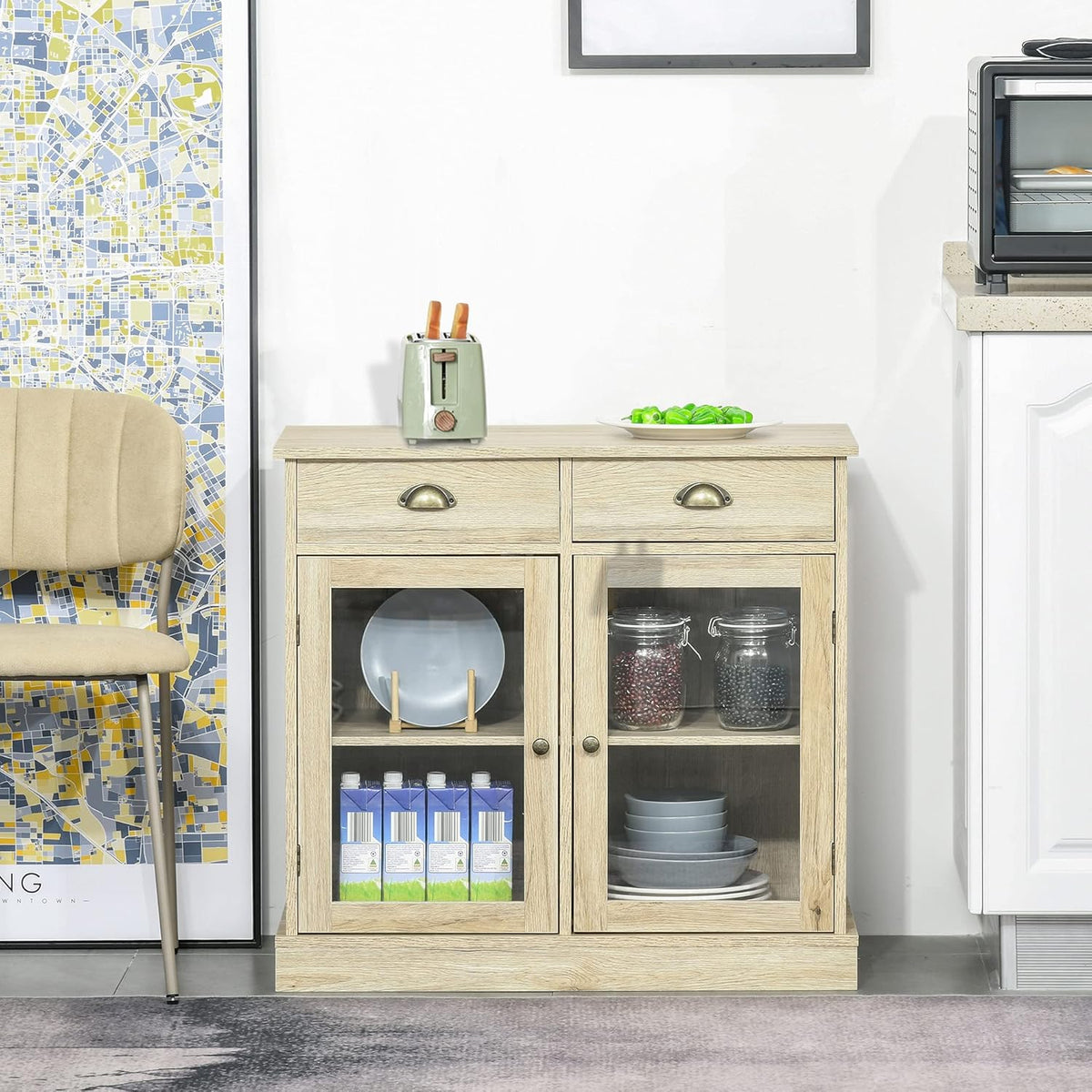 Oak Sideboard Storage Cabinet with 2 Glass Doors and 2 Drawers O234