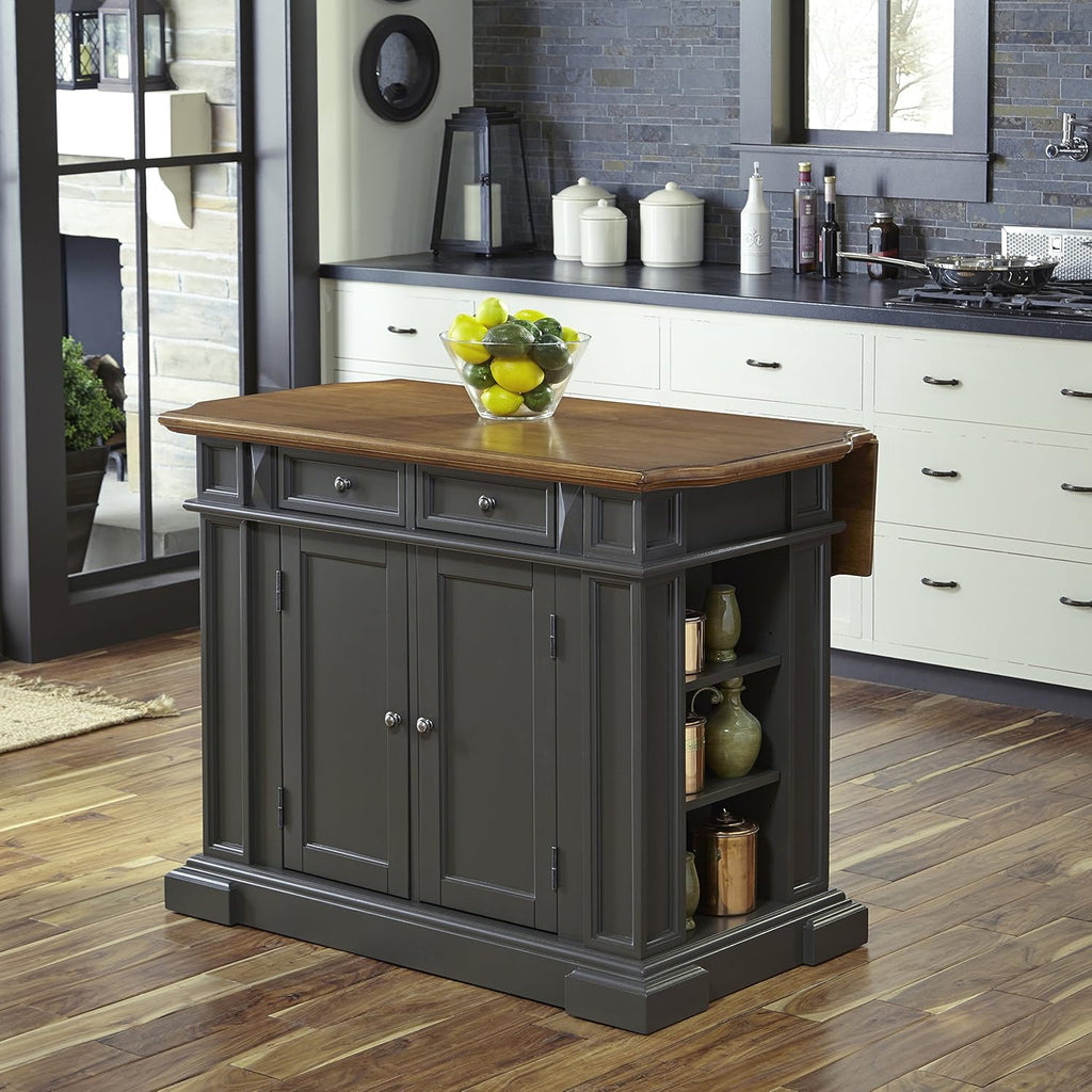 Black and Oak Kitchen Island with Wood Top and Drop Leaf Breakfast Bar H954026