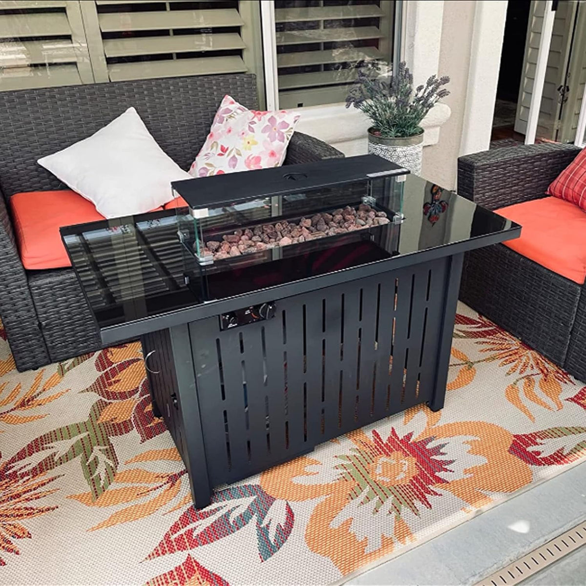 Propane Fire Pit Table 43 in 60,000BTU Auto-Ignition with Glass Wind Guard U248