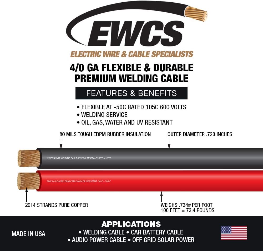 10 Feet Black + 10 Feet Red 4/0 Gauge Copper Welding Cable 600 Volt H3249