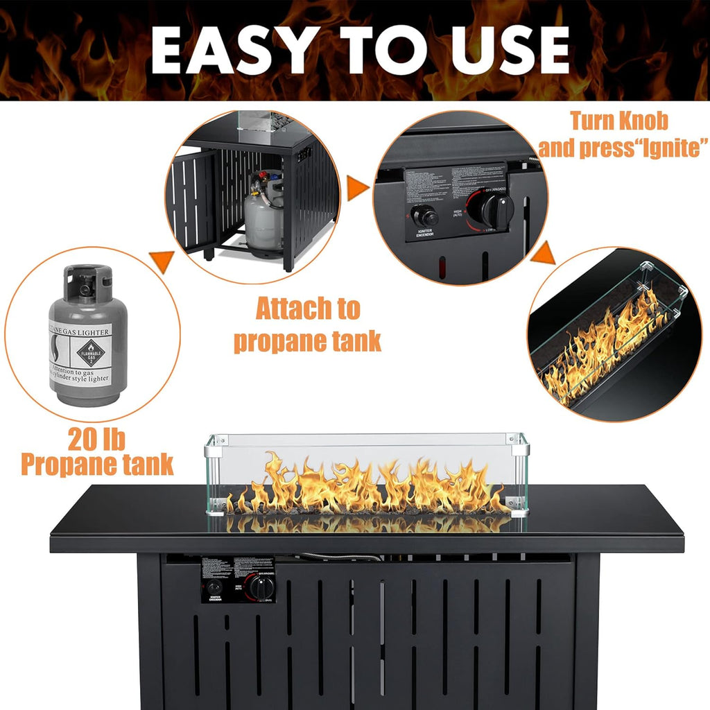 Propane Fire Pit Table 43 in 60,000BTU Auto-Ignition with Glass Wind Guard U248