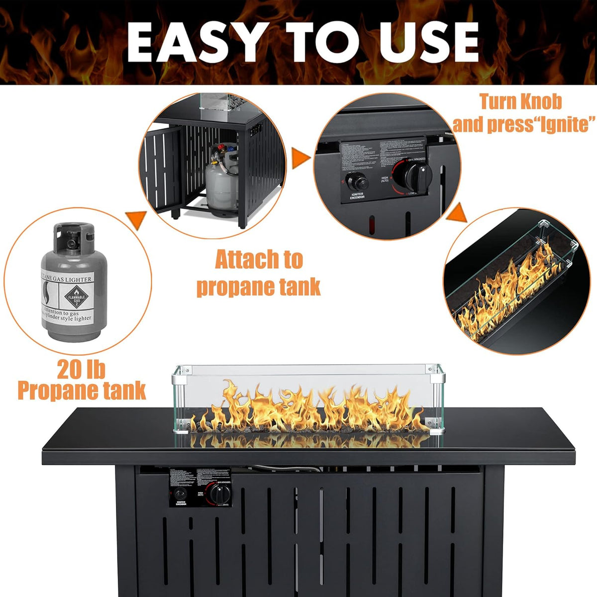 Propane Fire Pit Table 43 in 60,000BTU Auto-Ignition with Glass Wind Guard U248