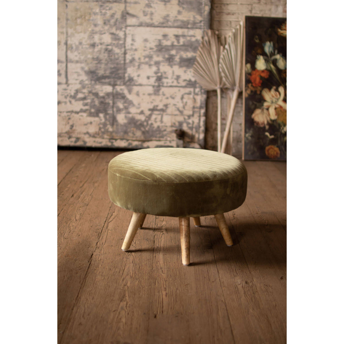 Velvet Ottoman with Wooden Legs O2028