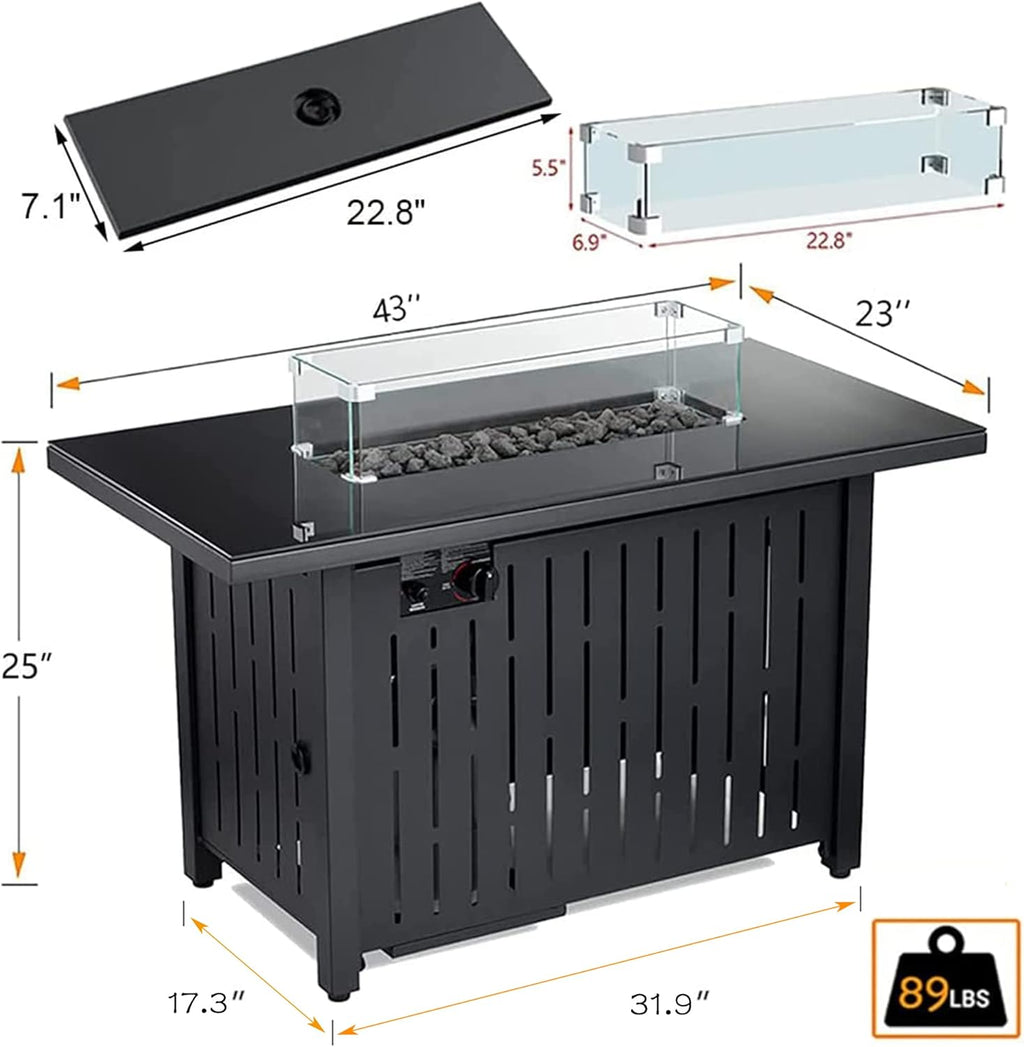 Propane Fire Pit Table 43 in 60,000BTU Auto-Ignition with Glass Wind Guard U248
