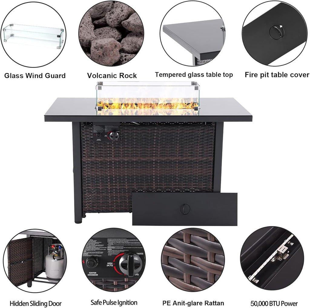 Propane Fire Pit Table 43 in 60,000BTU Auto-Ignition with Glass Wind Guard U248