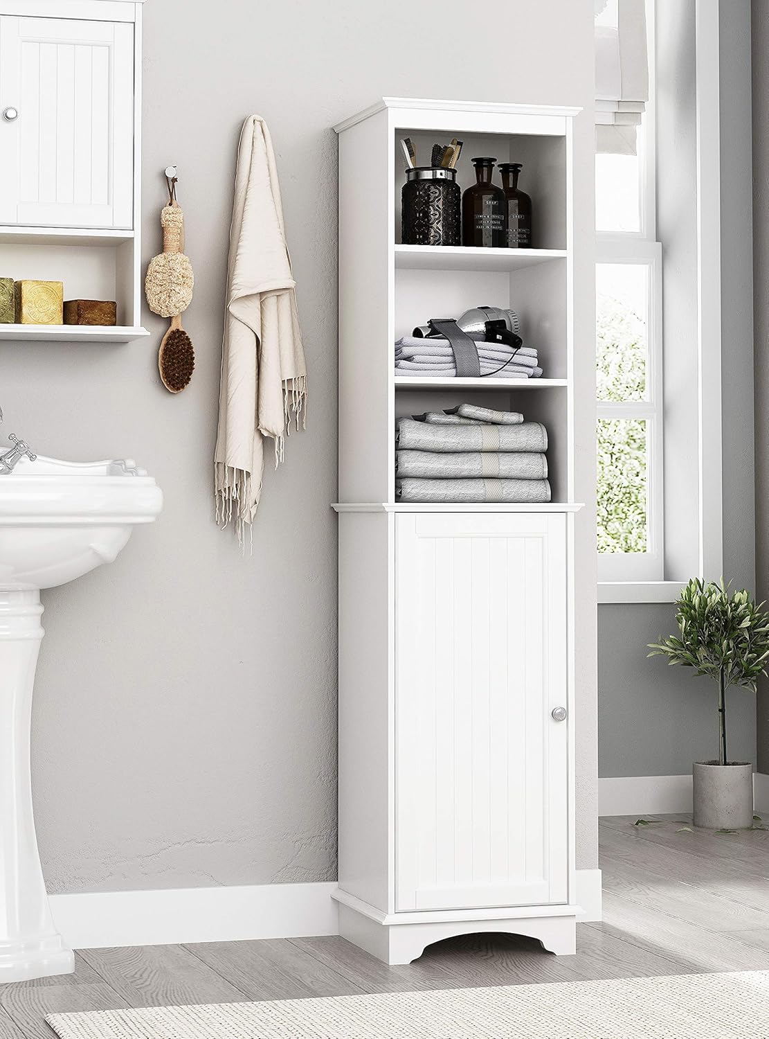 White Freestanding Storage Cabinet with Three Tier Shelves Z6212