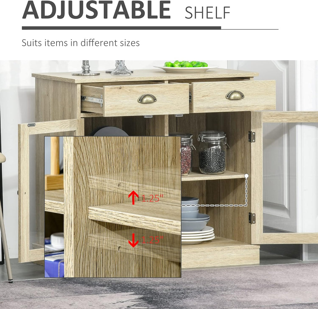 Oak Sideboard Storage Cabinet with 2 Glass Doors and 2 Drawers O234