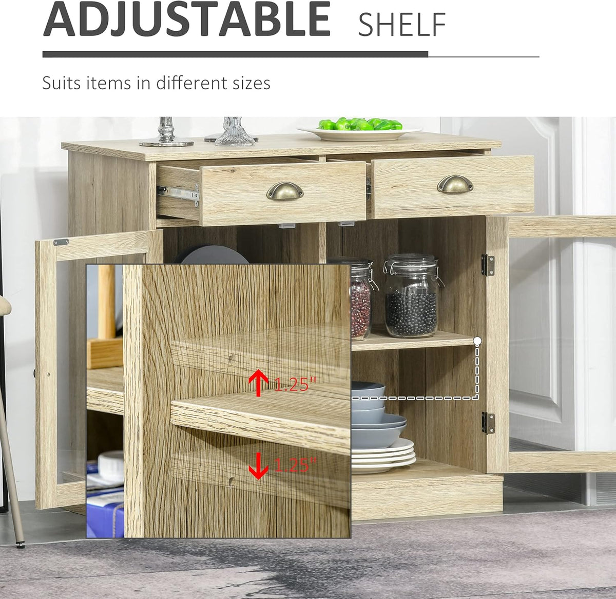 Oak Sideboard Storage Cabinet with 2 Glass Doors and 2 Drawers O234