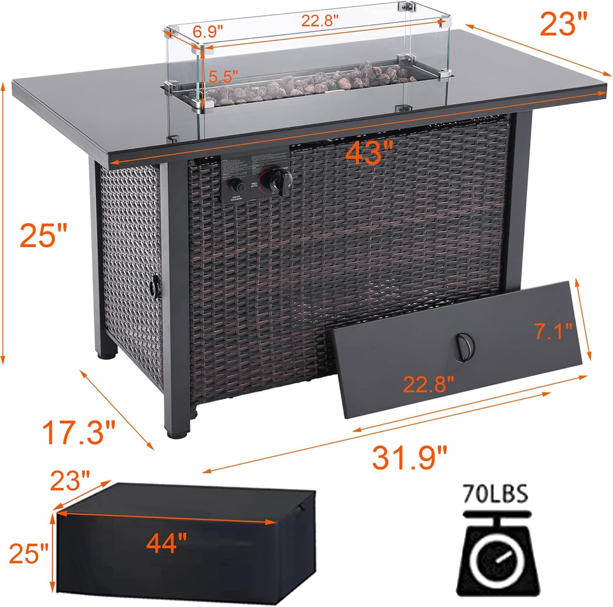Propane Fire Pit Table 43 in 60,000BTU Auto-Ignition with Glass Wind Guard U248