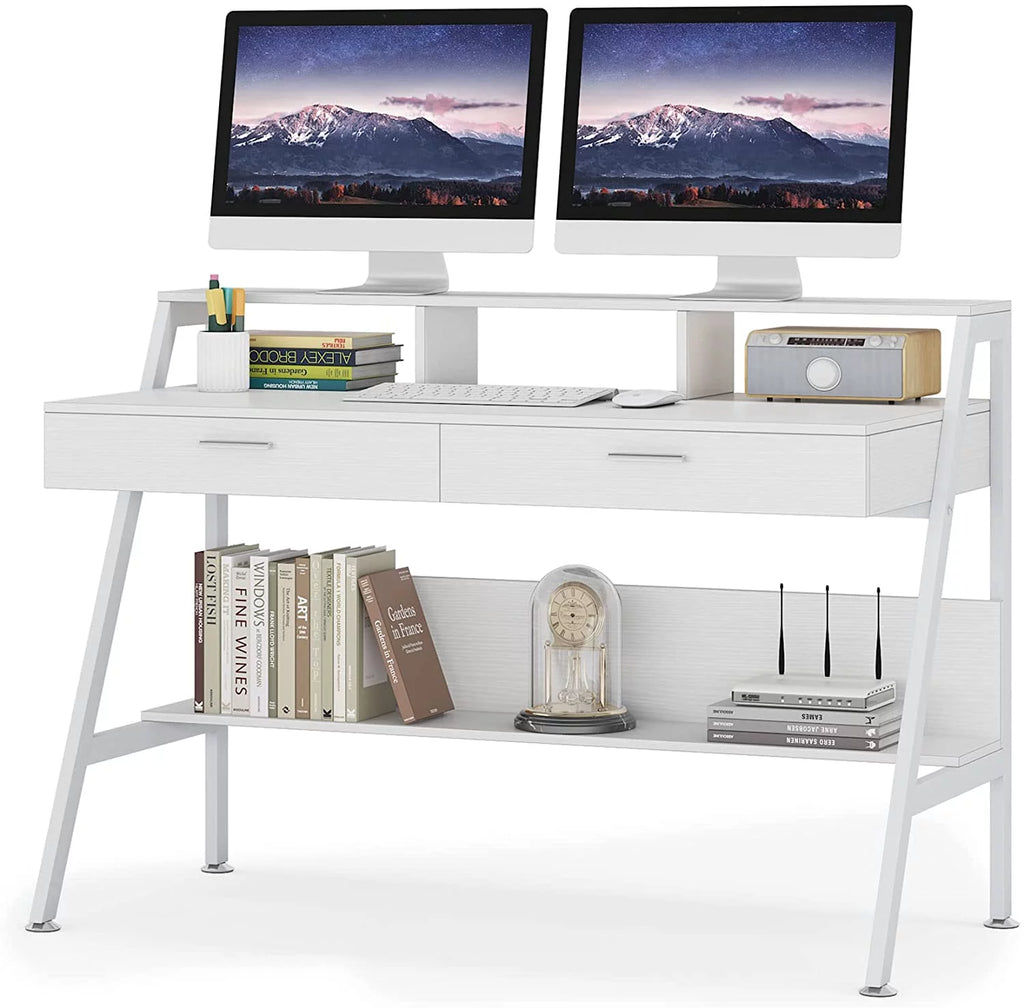 White Computer Desk with 2 Drawers and Storage Shelf J907