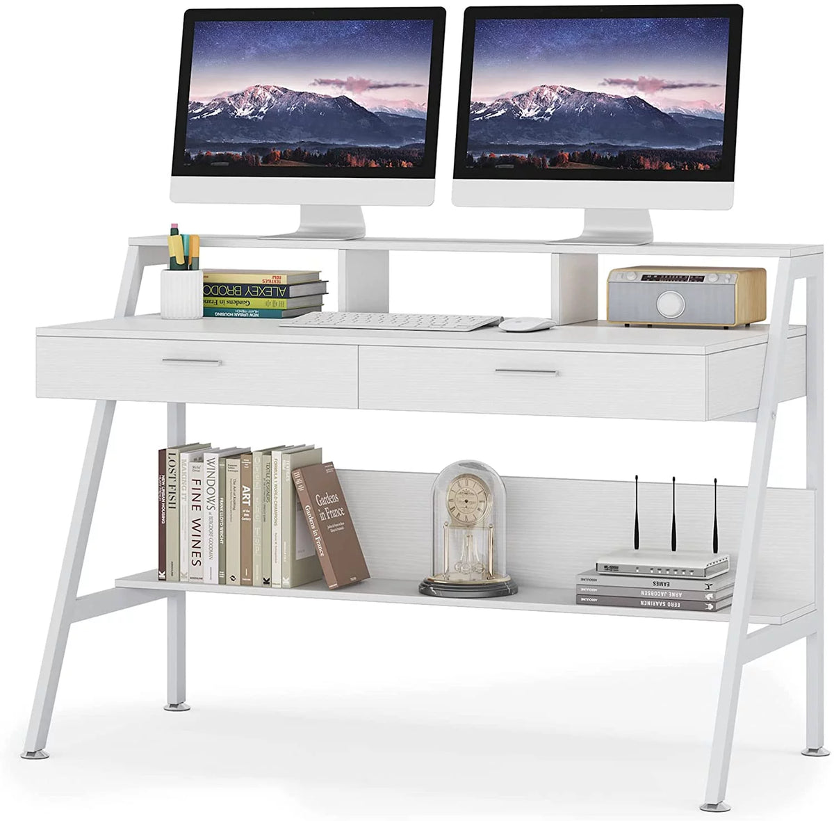 White Computer Desk with 2 Drawers and Storage Shelf J907