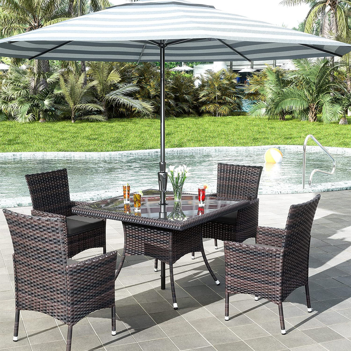 5 Pieces Patio Dining Set with Glass Tabletop 4 Chairs with Cushions Gray B5160