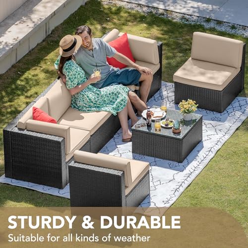 7 Pieces Wicker Rattan Outdoor Sectional Sofa Set with Cushion and Glass Table K46242