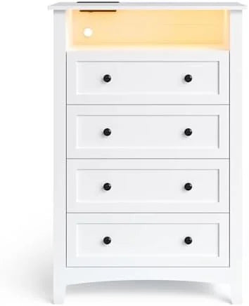 White 4 Drawer Dresser with LED Lights and Charging Station K936
