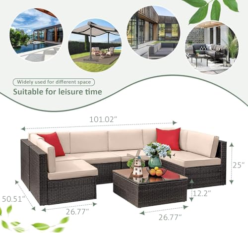 7 Pieces Wicker Rattan Outdoor Sectional Sofa Set with Cushion and Glass Table K46242