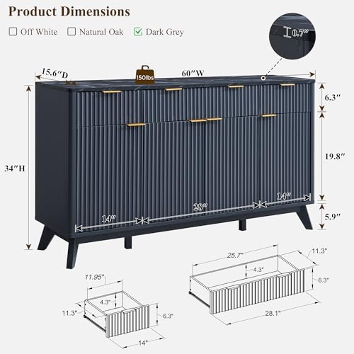 60" Buffet Sideboard Cabinet with 4 Doors and 3 Drawers M161