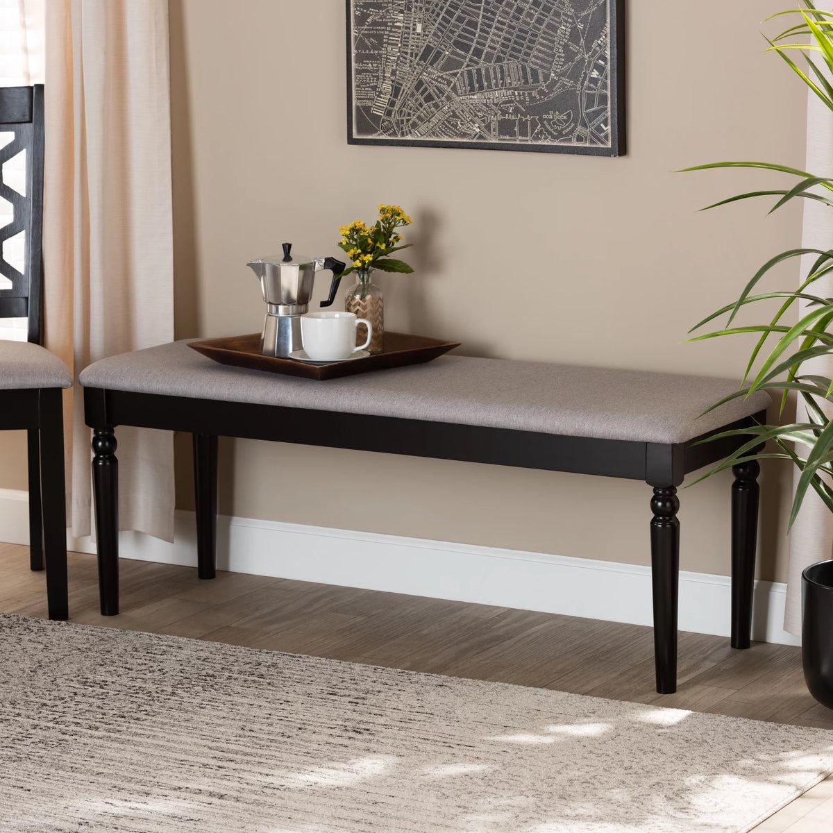 Grey Fabric Upholstered Dark Brown Wood Dining Bench L867106