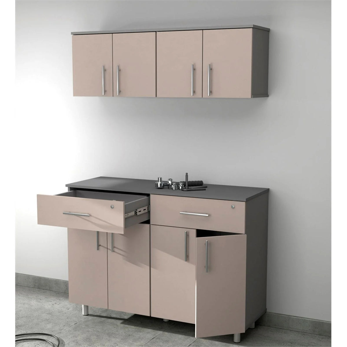 Engineered Wood Double Storage Garage Cabinet in Taupe L897149