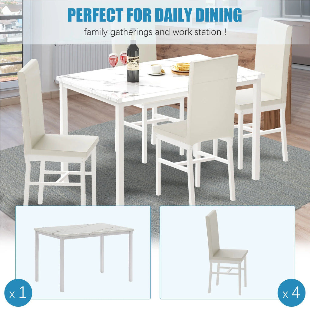5 Piece Faux Marble Dining Set with 4 PU Leather Chairs M3553
