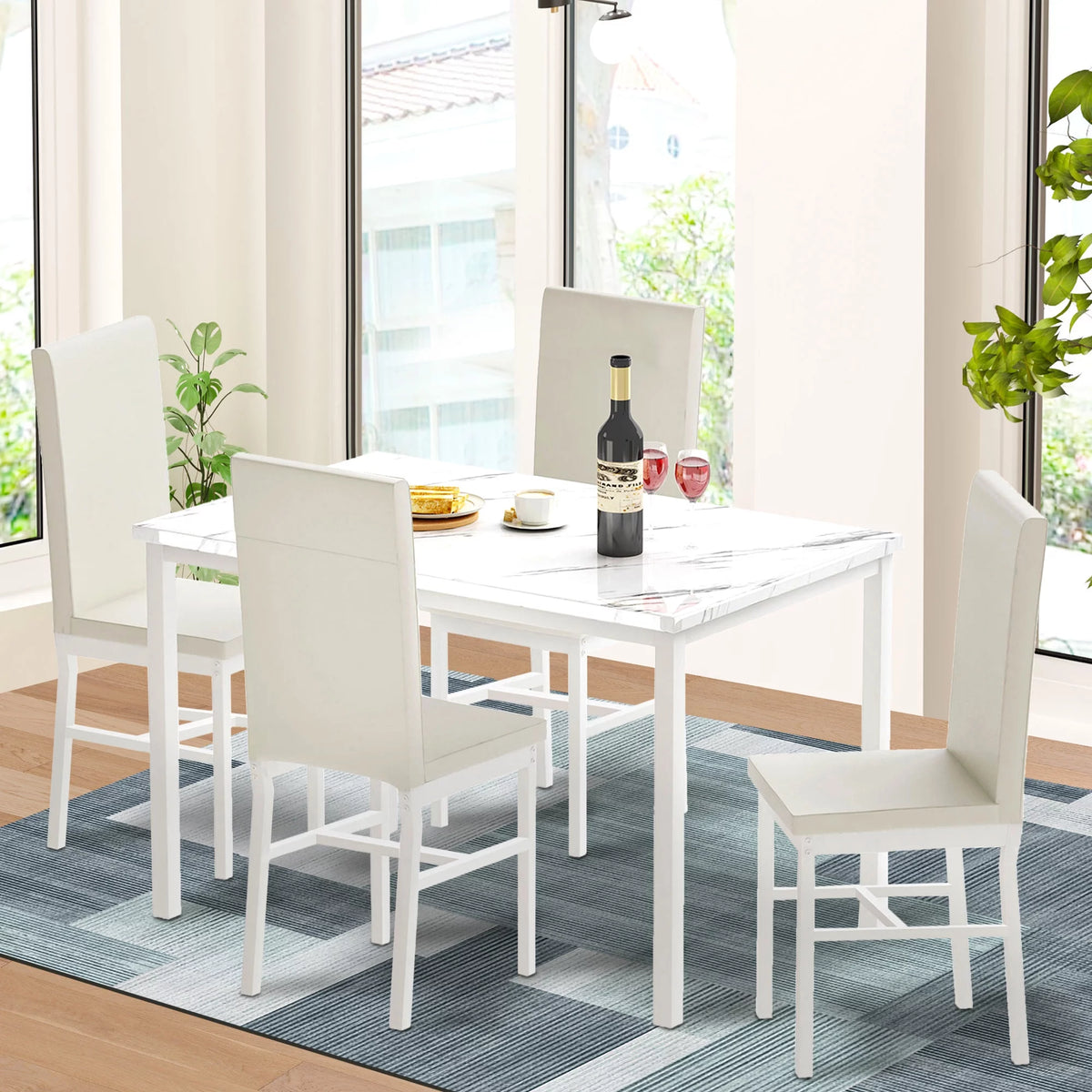 5 Piece Faux Marble Dining Set with 4 PU Leather Chairs M3553