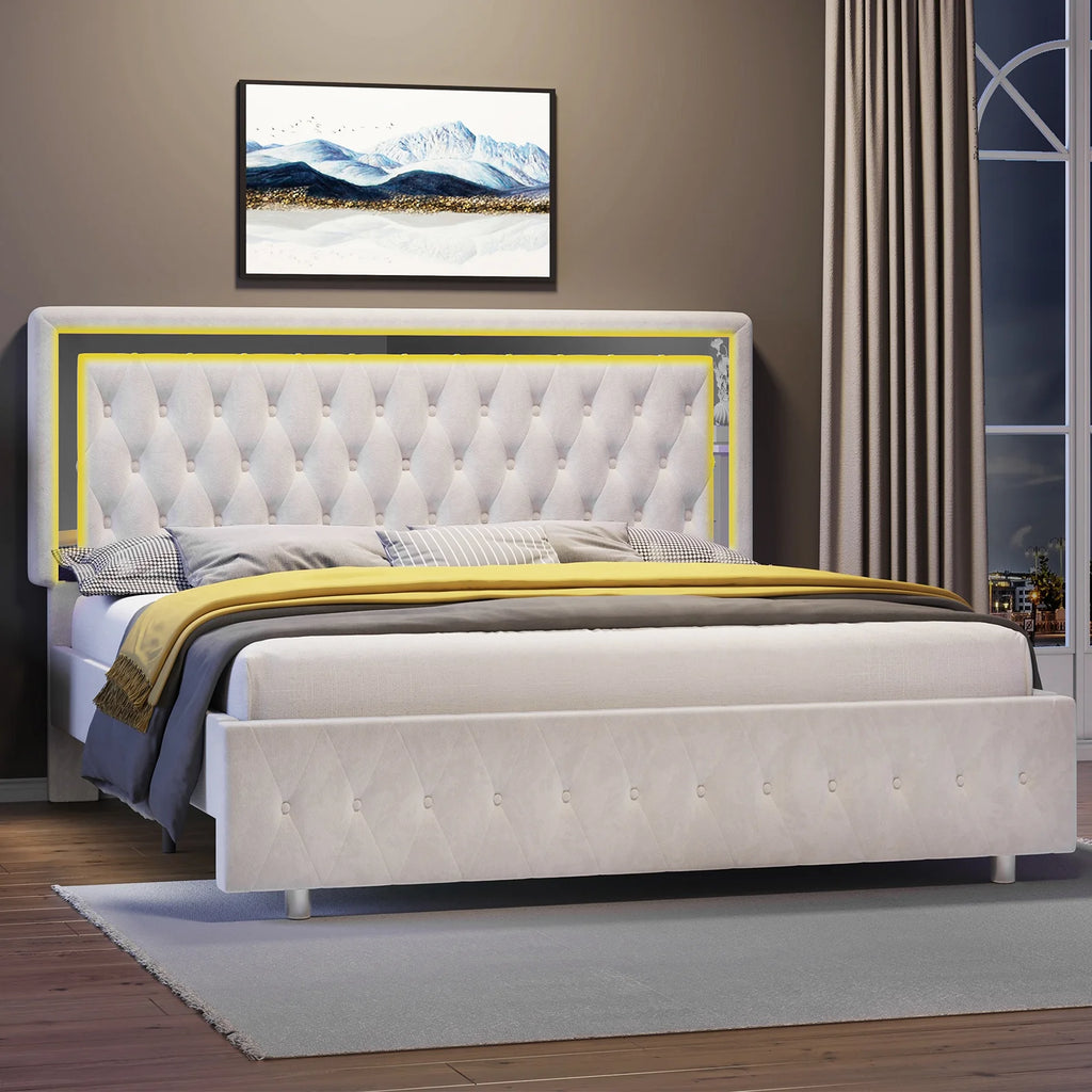 Queen Size Velvet Button Tufted LED Bed Frame K1250