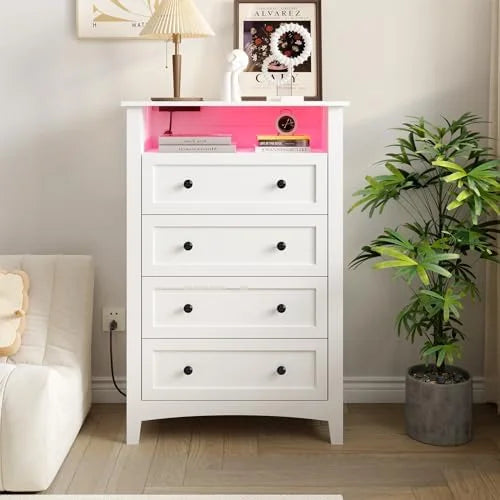 White 4 Drawer Dresser with LED Lights and Charging Station K936