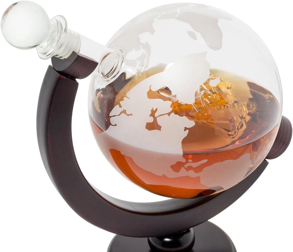 50 Oz Handmade Etched Globe Decanter Set with Wooden Stand and 2 Glasses X96220
