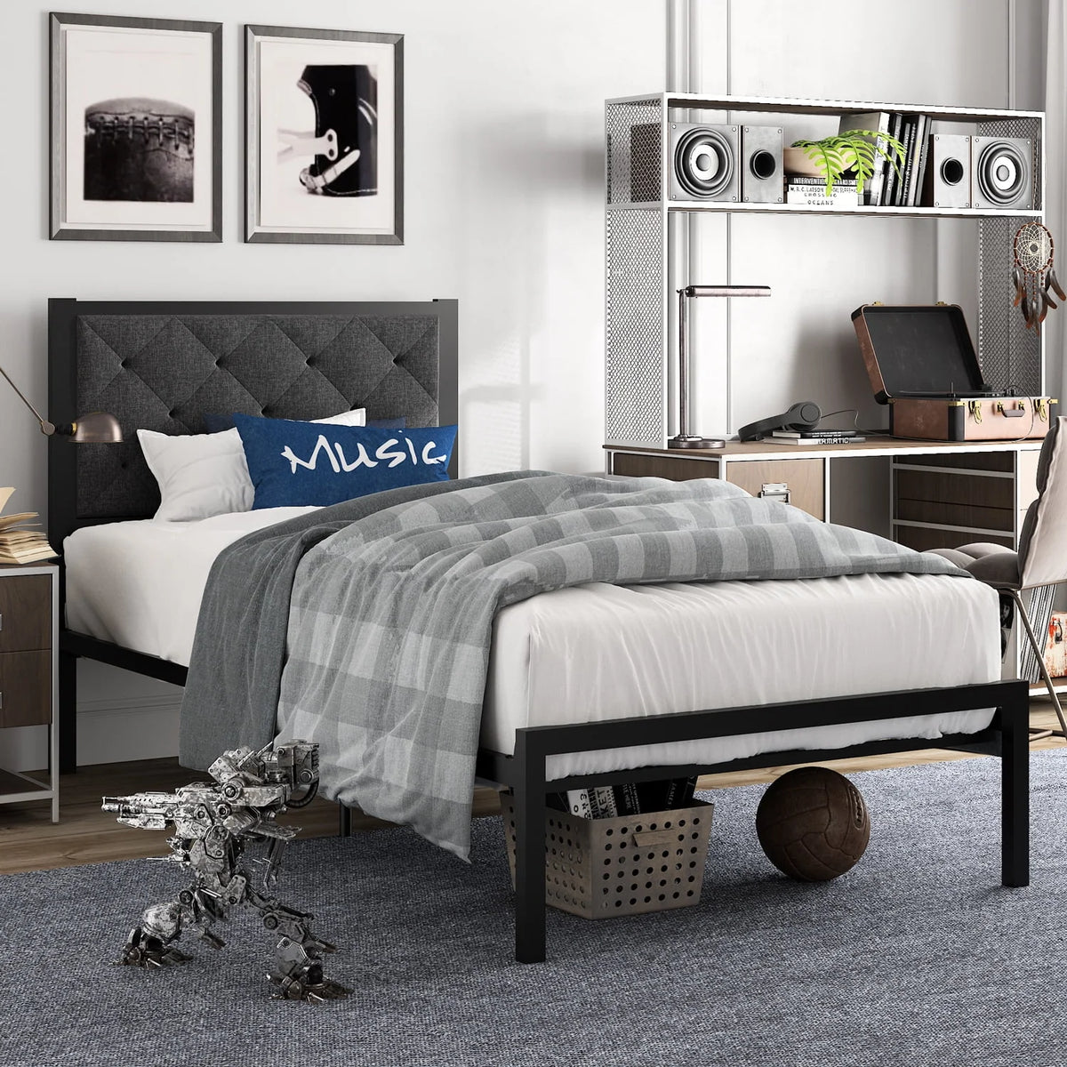 Twin Size Metal Bed Frame with Upholstered Headboard D9605