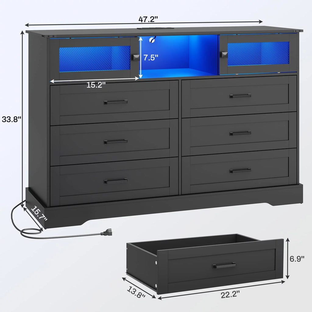 Black 6 Drawer Wood Dresser with 2 Sliding Doors N89079