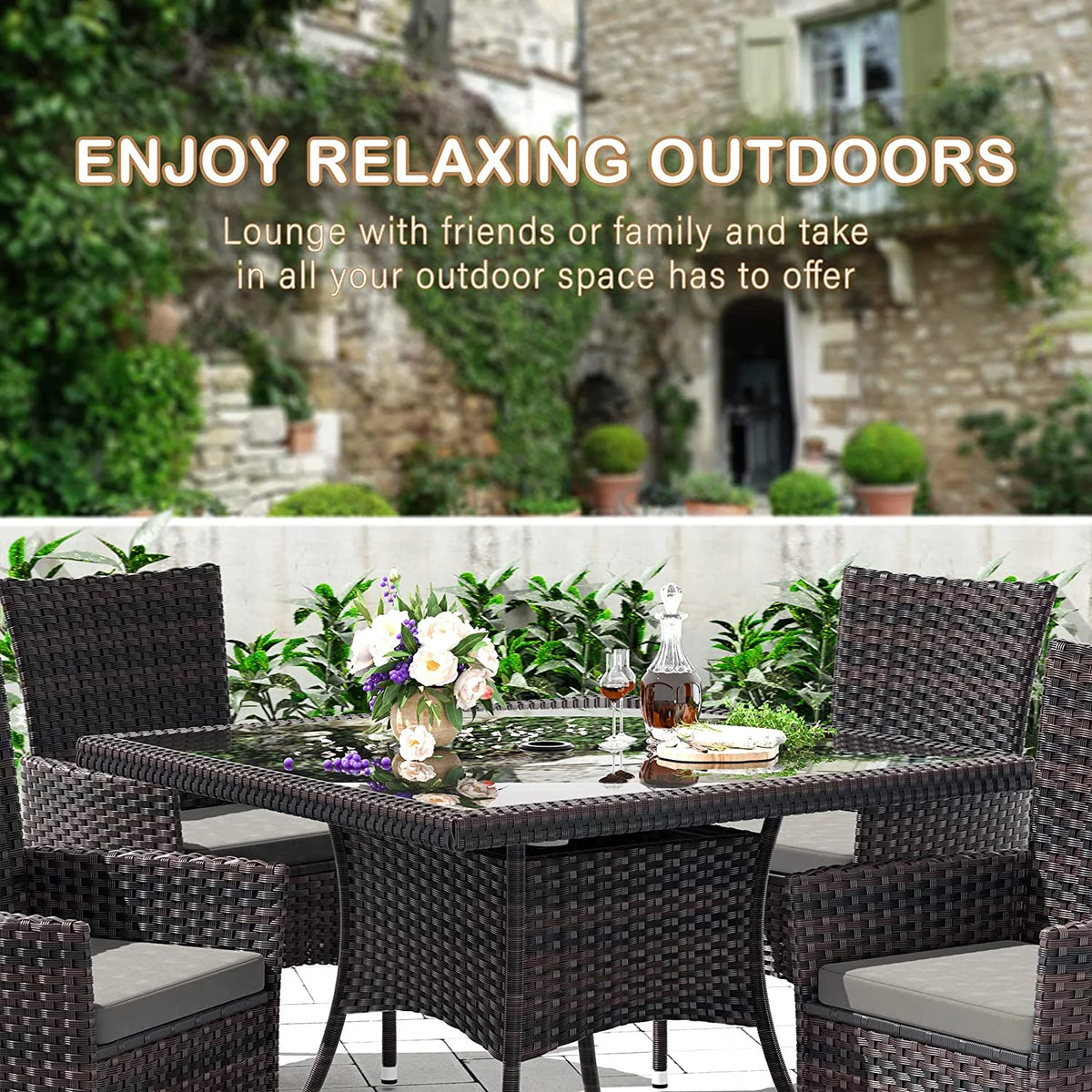 5 Pieces Patio Dining Set with Glass Tabletop 4 Chairs with Cushions Gray B5160
