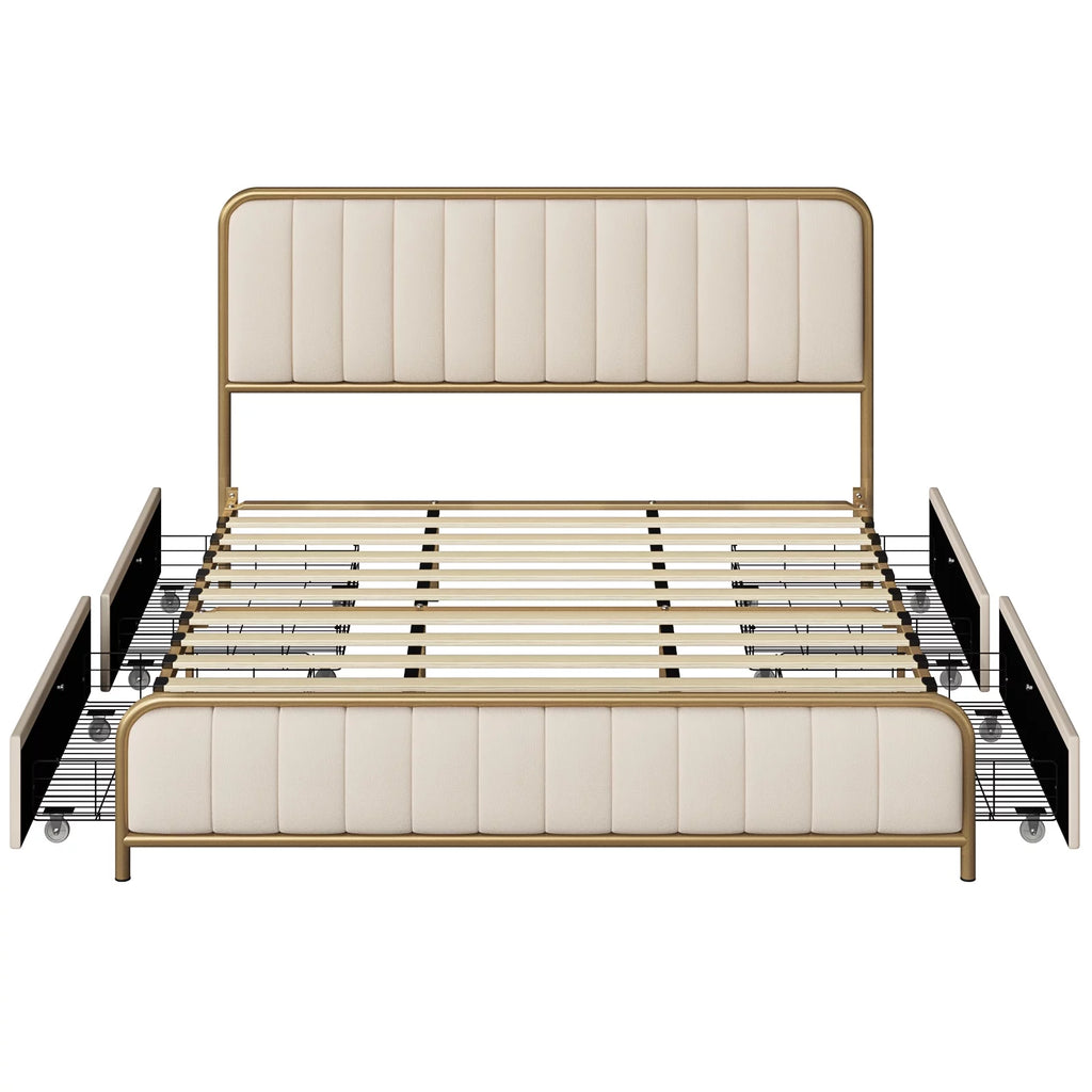 Queen Size Beige Upholstered Platform Bed with 4 Storage Drawers W214